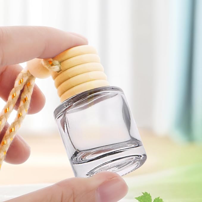 100 Pcs 8ml Hanging Car Air Freshener,Empty Clear Glass Essential Oil Diffuser Perfume Aromatherapy Pendant Bottle Vials Ornament Decor with Wooden Caps & Hanging String-Cylindrical Shape