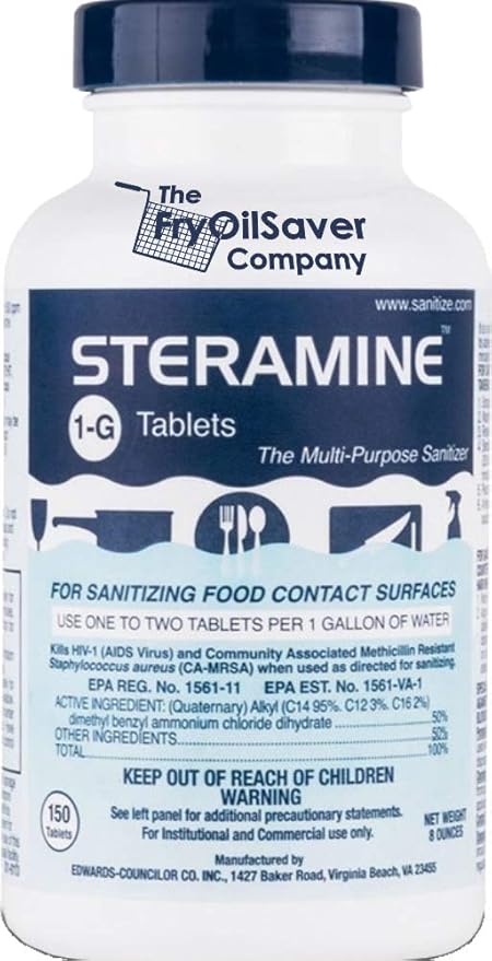 4 Bottles Steramine Sanitizer Tablets - 15x QT-10 Test Strip - Multi Purpose Steramine Sanitizing Tablets for Food Contact Surface, Kitchen, Restaurant Cleaning & Food Truck by FryOilSaver (600 Count)