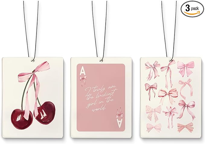 Coquette Pink Bow Air Freshener for Car, Preppy Pink Cherry Ace Card Air Freshener Hanging 3 Pcs for Cars Closet Drawer Books Bathroom,Gift for Woman