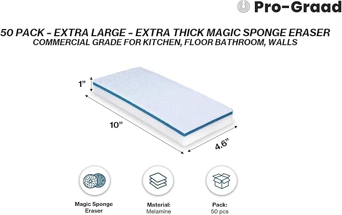 4610 Eraser Pads - 50 Pack 4.5" x 10" x 1" Commercial Grade Melamine Sponges for Floor, Tile, Grout, Baseboard, Walls-Durable & Versatile Cleaning - Pack of 50