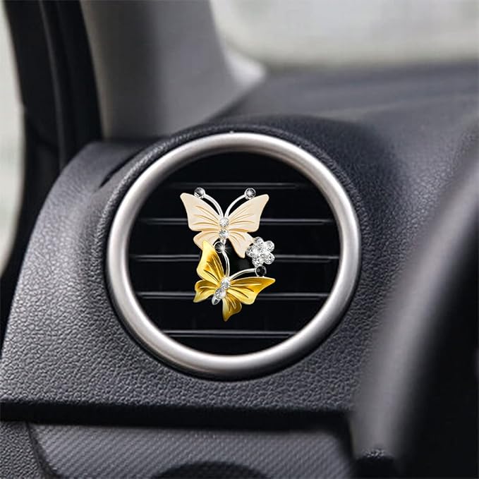 1PC Car Air Fresheners Vent Clips, Cute Dual Butterfly Diamond Rhinestone Car Vent Clip, Air Outlet Perfume Diffuser, Sparkly Bling Car Interior Decoration Accessories for Girls Women Yellow