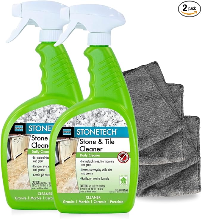 StoneTech Stone & Tile Cleaner Spray – Daily Cleaner for Granite, Marble, Ceramic, Porcelain & Stone – Removes Spills, Dirt & Grease – pH Neutral - 2-Pack, 24oz each + 2 Microfiber Cloths
