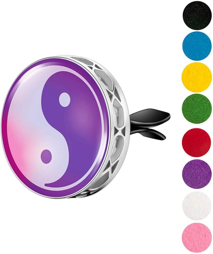 Wild Essentials Yin Yang Essential Oil Car Vent Diffuser, Stainless Steel Locket Pendant With 8 Color Refill Pads, Customizable Air Freshener for Aromatherapy