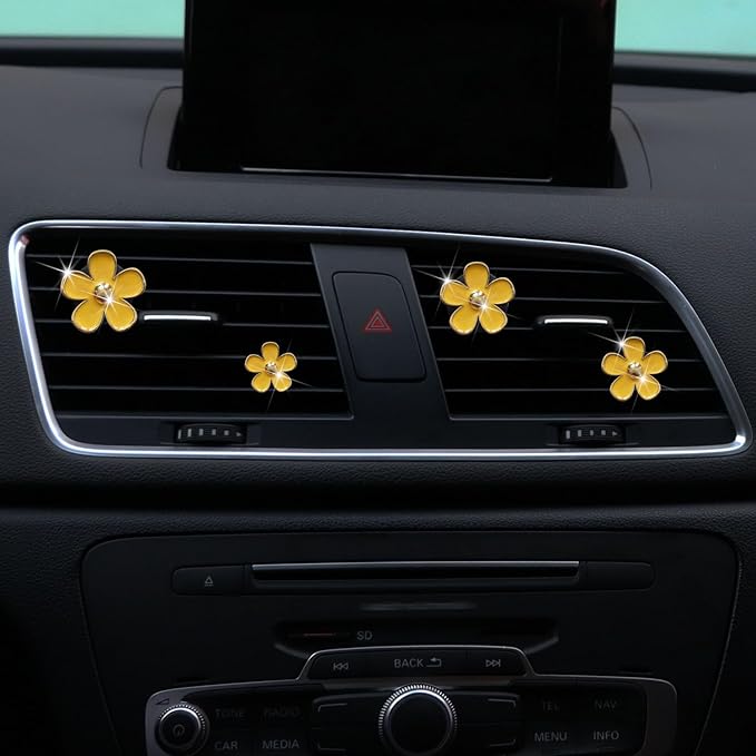 4Pcs Car Accessories Daisy Flowers Car Air Freshener Vent Clips,4 Sizes Cute Car Flowers Car Clips,Girly Women Flowers Car Accessories,Refillable Car Diffuser Air Fresheners Accessories (Yellow)