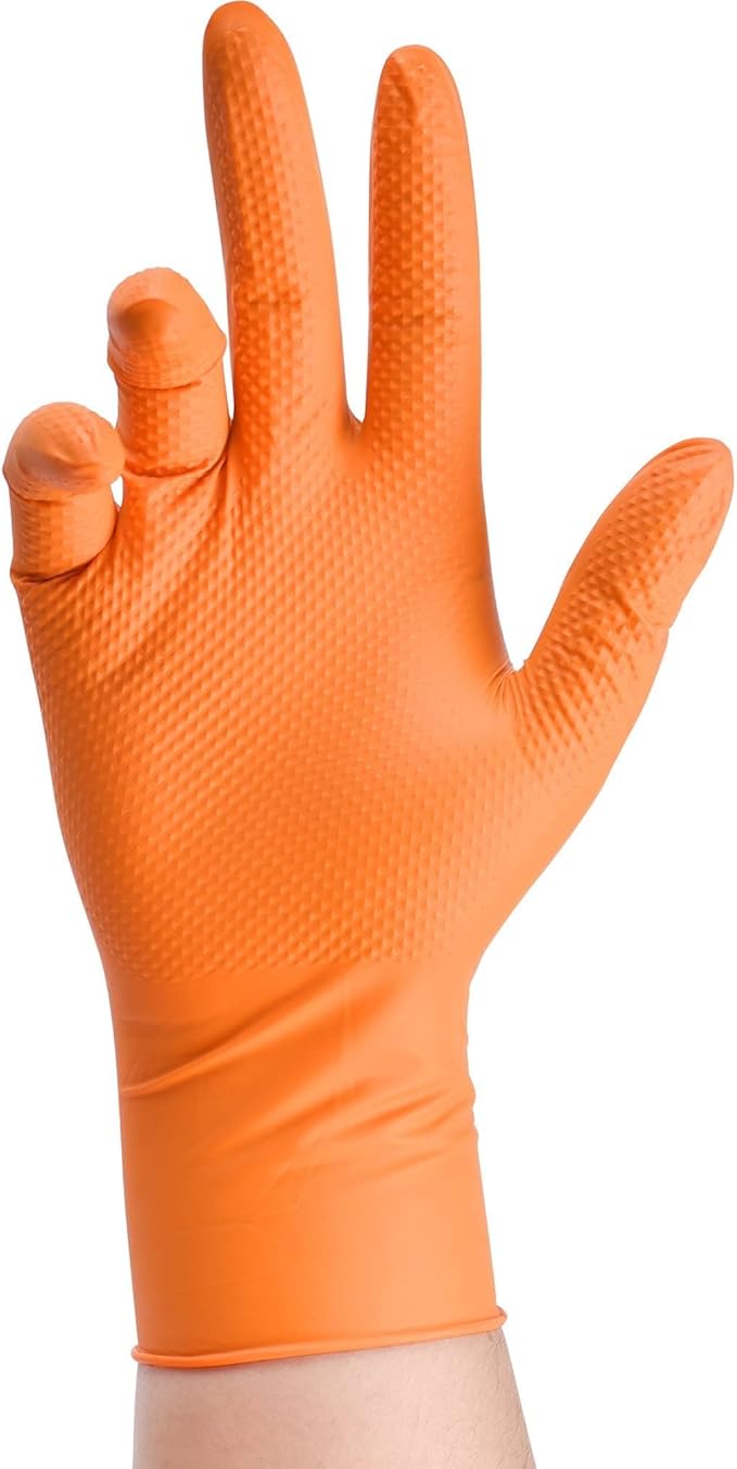 TitanFlex Heavy Duty Orange Industrial Nitrile Gloves with Raised Diamond Texture, Latex Free (6mil/8mil)