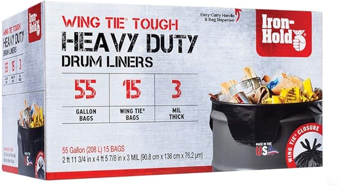 Contractor Trash Bags - 55 Gallon, 15 Bags, Wing Tie Closure, 3 MIL Thick, Gusseted Bottom, Black - Heavy Duty Industrial Strength Garbage Bags