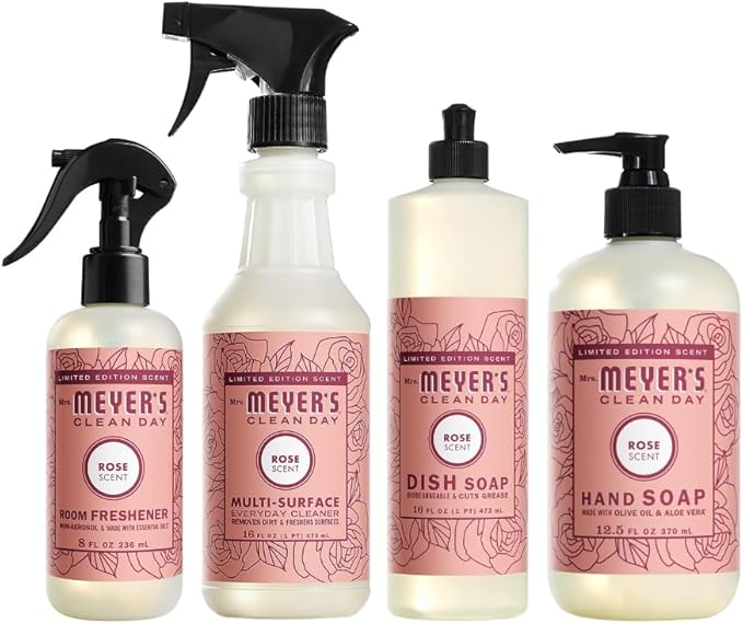 Mrs. MEYER'S Variety, 1 Room Freshener, 8 OZ, 1 Liquid Dish Soap, 16 OZ, 1 Liquid Hand Soap,12.5 OZ, 1 Multi-Surface Cleaner 16 OZ, 1 CT (Rose)