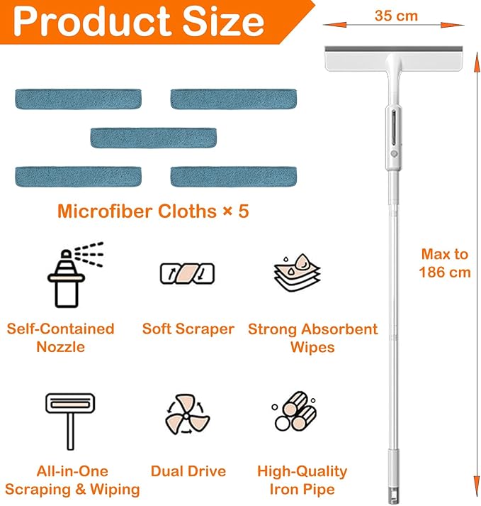 RV Window Cleaning Squeegee with Spray, Max 73.3" Handle, Motorhome & Camper Exterior Glass Cleaner, 3-in-1 Spray Mop for High Windows, Home & Car