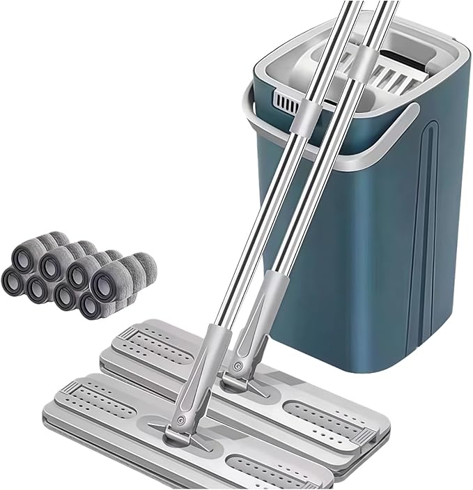 Spin Mop and Bucket Set, 2 Mops & 8 Microfiber Pads, with Wringer and 360° Rotating Head for Floor Cleaning, Hands-Free Wash for Hardwood Tile Laminate(Blue)