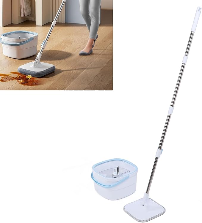 360 Degree Rotating Square Spin Mop and Bucket Set with Clean Water Separator, Microfiber Mop for All Floor Types, Adjustable Handle for Home Cleaning, Water Inlet