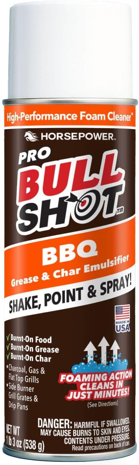 Bull Shot BBQ Pro, Foaming Grill Cleaner, AS SEEN ON TV, Professional Strength Foam Spray Emulsifies Burnt Grease & Char on Grates, Racks, Pans, Smokers & Griddles Cleans in Just 10 Min - Made in USA