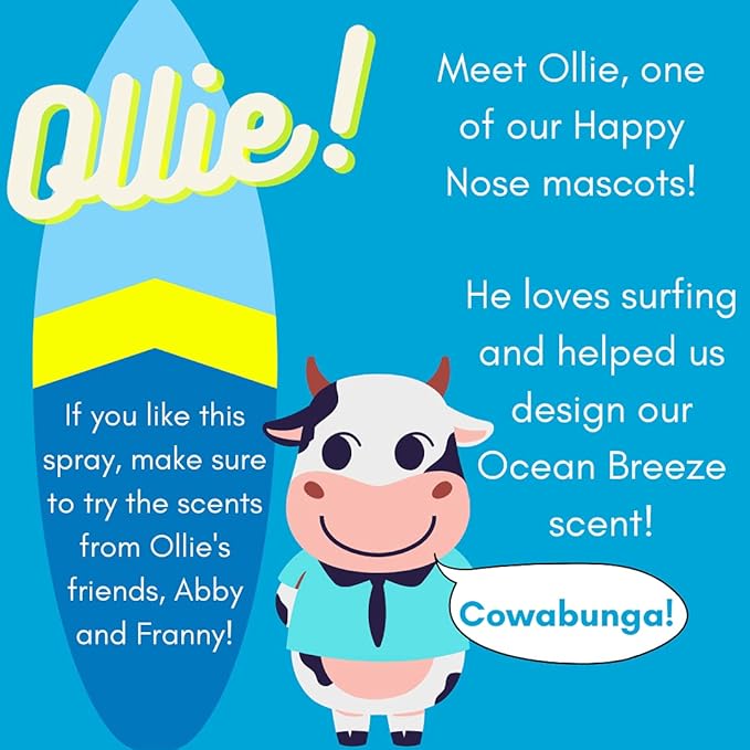 Happy Nose! Natural Plant-Based Air Freshener, Odor Neutralizer Spray for Home, Work, Pets, Vehicle, Smoke, Sports Equipment (Ollie's Ocean Breeze, 4 Pack)