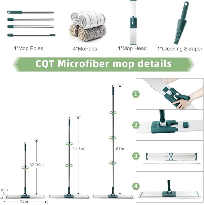 CQT Commercial Flat Microfiber Floor Mop Cleaning System 24" Inch Wet Dry and Dust Hardwood with 4 Washable Pads Cleaner for Laminate Tile Stainless Steel Handle and Extension (PT14 Green)