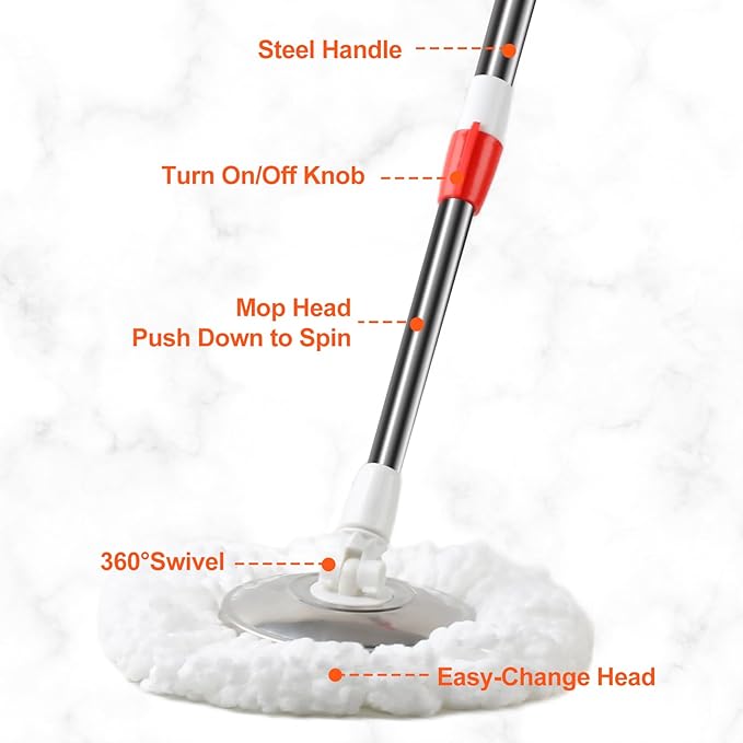 Spin Mop and Bucket with Wringer Set, 360°Spinning Mop Bucket System with Floor Scrub Brush 6 Microfiber Mop and Adjustable Long Handle for Floor Cleaning Dry and Wet Use