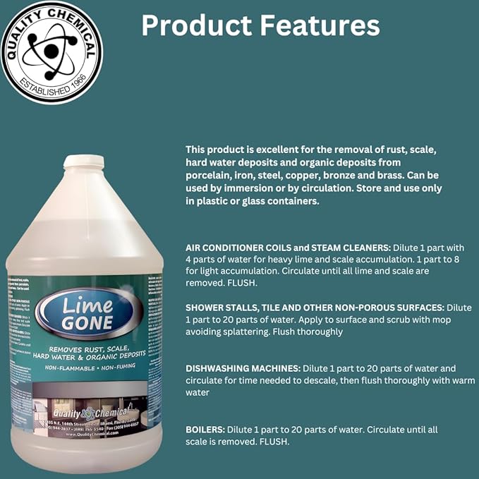 Quality Chemical Lime-Gone Remover - Calcium, Lime and Hard Water Stain Remover for Bathroom, Shower and Tile - Lime a Way - 128 oz (Pack of 2)