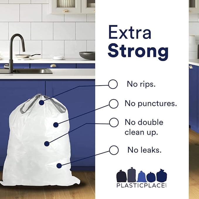 Plasticplace Drawstring Trash Bags, Compatible with simplehuman Code P, White Garbage Liners 13-16 Gallon / 50-60 Liter, 23.5" x 31.5", (200 Count)