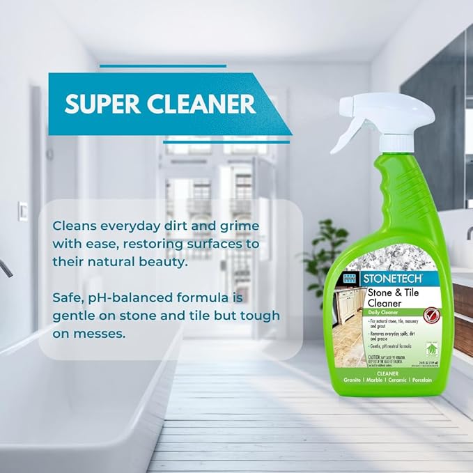 StoneTech Stone & Tile Cleaner Spray – Daily Cleaner for Granite, Marble, Ceramic, Porcelain & Stone – Removes Spills, Dirt & Grease – pH Neutral - 2-Pack, 24oz each + 2 Microfiber Cloths