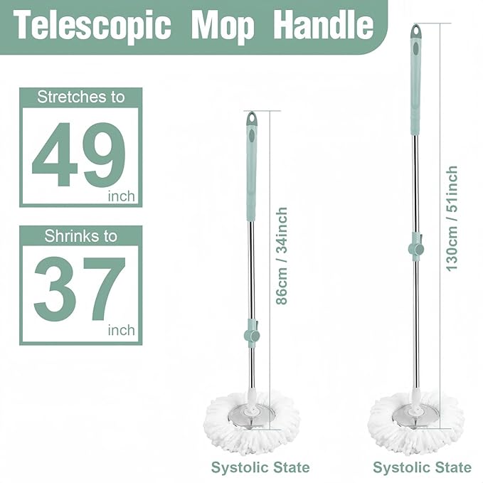 Spin Mop Replacement Handle, Upgraded Reinforced Locking 360° Spinning Adjustable Cleaning Mop, 2 Reinforced Locking Telescopic Rods + 3 Reusable Microfiber Mop Refills + 1 Stainless Steel Tray