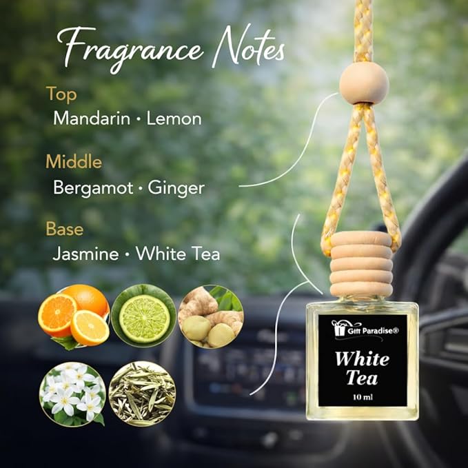 Gift Paradise® White Tea Car Freshener Set – 3 Pack 10ml Hanging Air Fresheners with Wooden Lid – Spring Summer Self Care Auto & Home Fragrance Diffuser for Car Mirror, Closet & Small Spaces