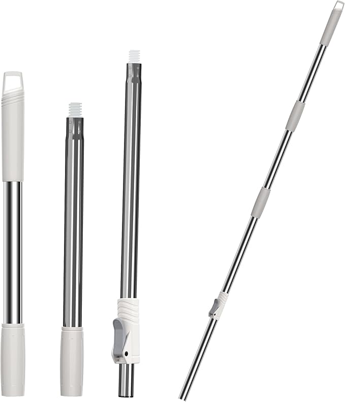 3-Section Spin Mop Replacement Handle Only, 35–61 Inch Adjustable Stainless Steel Mop Pole, Compatible with Round Spin Mop Bucket Systems (Handle Only, No Mop Head) - White