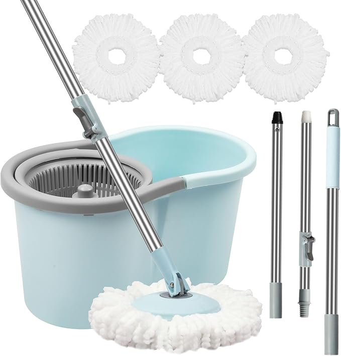 Spin Mop and Bucket with Wringer Set, Operable 360° Rotating Mop Bucket Set with 3 Microfiber Replacement Head, Stainless Steel Extended Handle for Floor Cleaning Home Office（Blue）