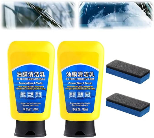 HEWAN 150ml Car Glass Oil Film Remover Paste Glass Coating Cleaning Agent Waterproof Anti-Glare Glass Window Cleaner Cream with Sponge (2PCS)