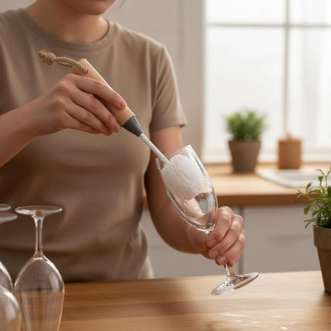 Wine Glass Cleaner Set, Non-Scratch Bristle Brushes with Wooden Handle, Safe for Crystal Champagne Flutes Stemware (2Pcs)