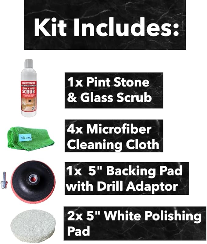 Hard Water Deposit Remover KIT - Scrub Deep Cleans Granite Countertops, Travertine Showers, Glass Shower Doors (1 Pint Stone Pro Stone & Glass -16 Fl Oz, 5" white pad, & Cleaning Cloth)