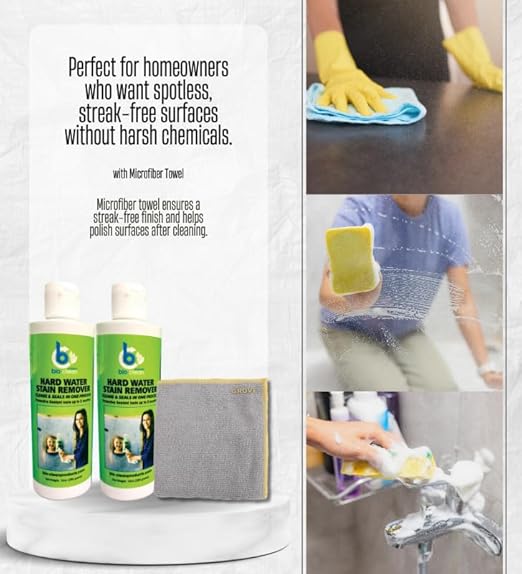 Bio-Clean 10 oz Hard Water Stain Remover 2x Bundle with Microfiber Cleaning Cloth – Removes Water Spots, Soap Scum, Mineral Deposits & More from Glass, Metal, and Surfaces – Gift Set (3 Items)