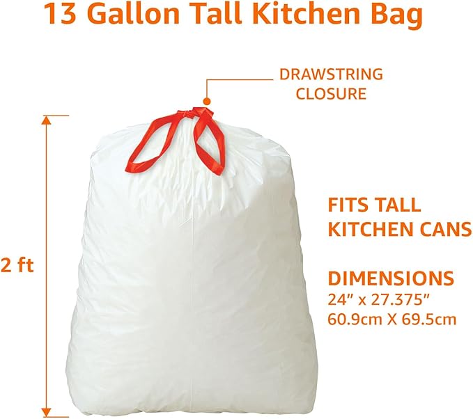 Amazon Basics 13 Gallon Tall Kitchen Drawstring Trash Bags, Clean Fresh Scent, 10% Post Consumer Recycled, 0.9 mil Thick, 200 Count