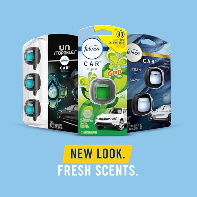 Febreze Car Air Freshener, Odor-Fighting Automotive Vent Clip, Mixed Gain Scent, 3 Count