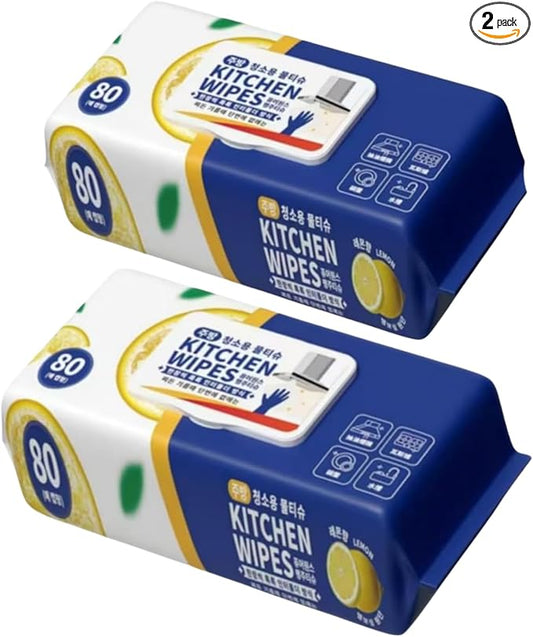 Kitchen Cleaning Wipes, Lemon Scent, 2-Pack (80 Count) – Multi-Purpose Oil & Stain Remover, Absorbent Disposable Cloths, Safe on Skin