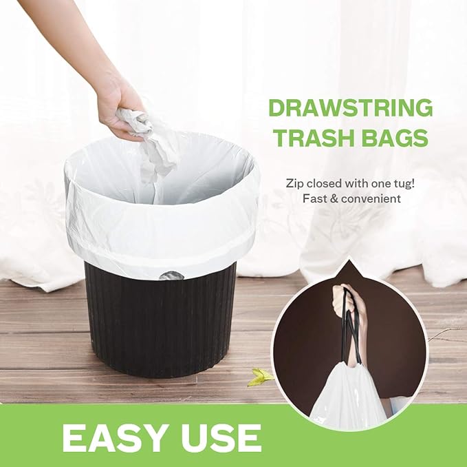 Teivio 2 Gallon 96pcs Strong Drawstring Trash Bags Garbage Bags, Bathroom Trash Can Bin Liners, Small Plastic Bags for Home Office Kitchen, White