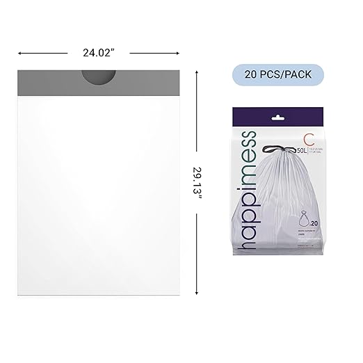 happimess 13.2 Gallon (50L) Drawstring Trash Bags, Unscented, White, Heavy Duty LDPE Liners for Kitchen and Household, Custom Fit 120 Count (6 Packs of 20 Liners) HPM3000C-W-6SET
