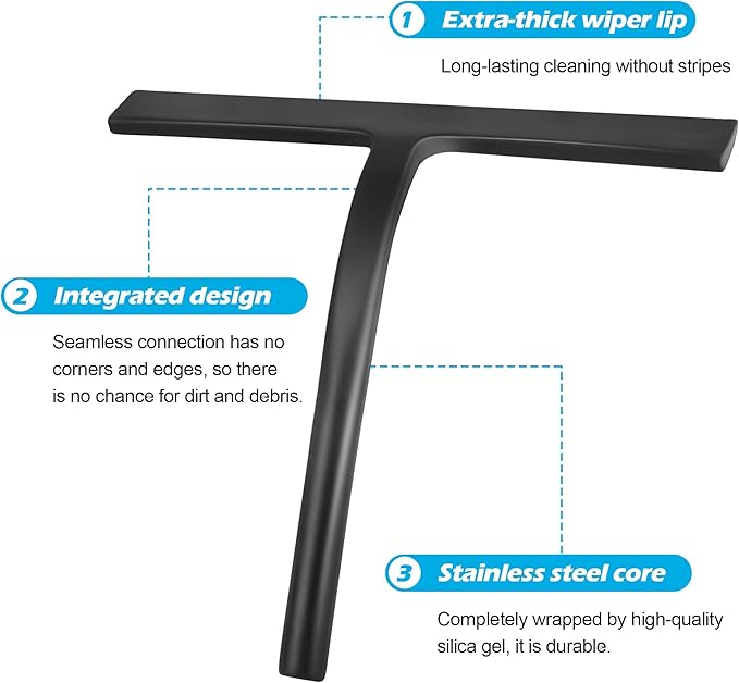 Shower Squeegee for Glass Doors, Mirror Window Tile Scrubber Cleaner with Hook Silicone (Black)