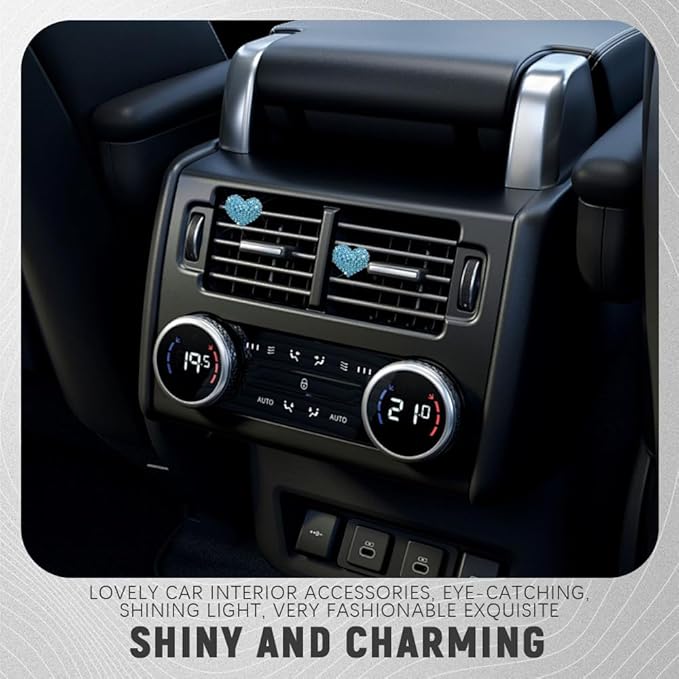 2PCS Bling Heart Air Vent Clips, Heart Shaped Crystal Air Freshener Vent Clips, Rhinestone Air Conditioning Outlet Clip, Universal Interior Decor Car Accessories for Women Girl (Blue)