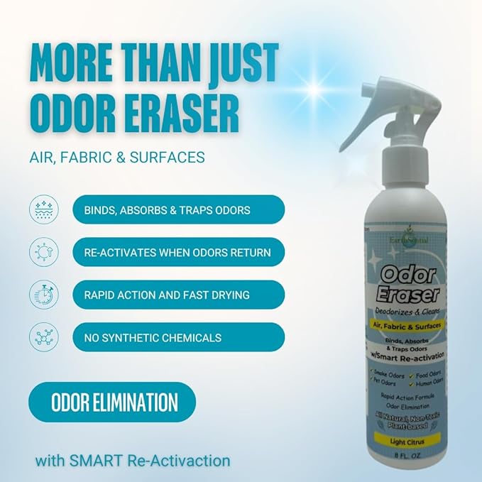 Odor Eraser Spray – All-Natural, Plant-Based Deodorizer & Air Freshener – Binds & Traps Odors from Pets, Shoes, Kitchens & Fabrics – Light Citrus, 8 oz