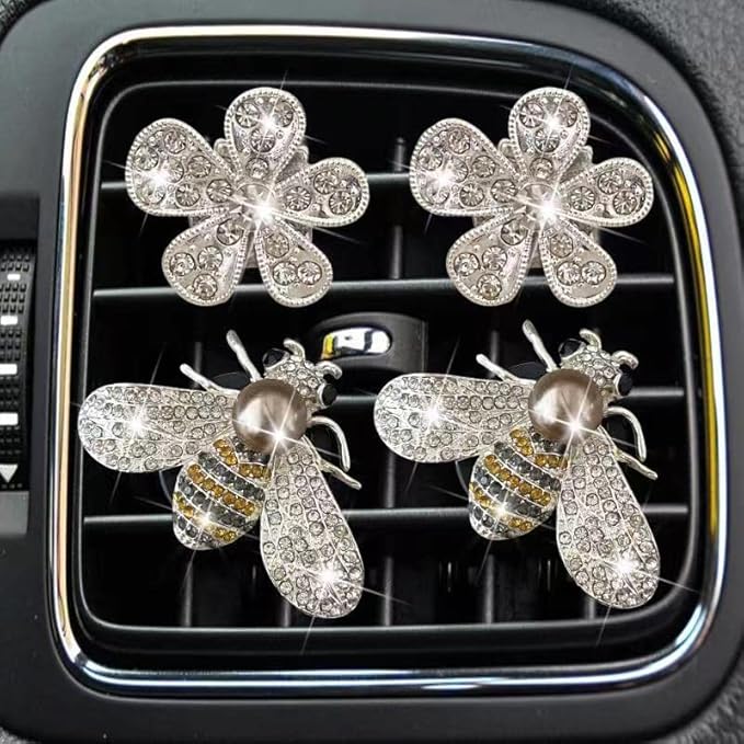 Bling Bee Flower Air Vent Clips, Crystal Daisy Car Air Fresheners Vent Clips Car Diffuser Vent Clip Rhinestone Decoration Interior Decor Bling Accessories for Women (Bee & Daisy)