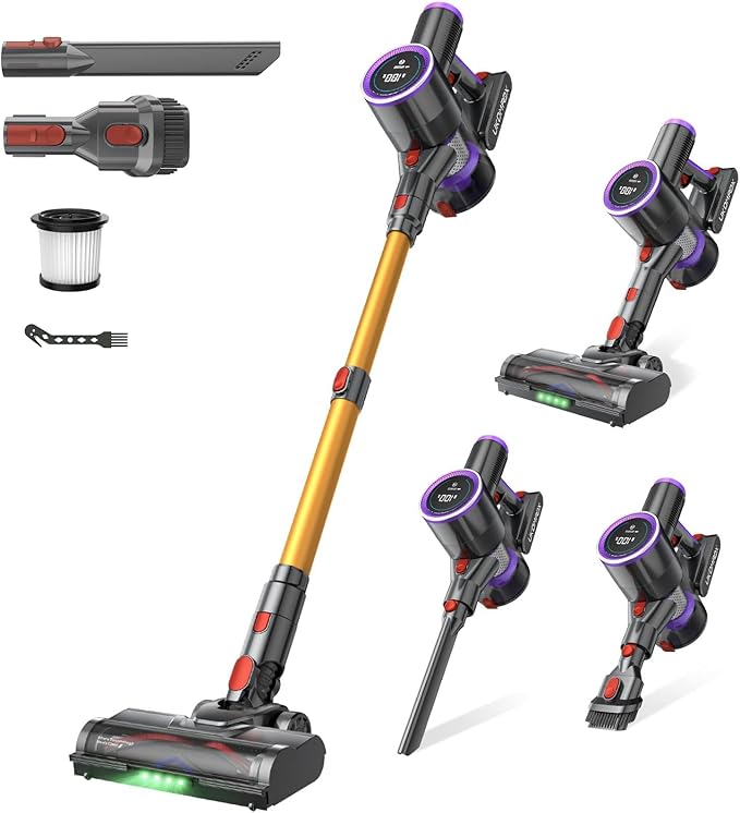 Cordless Vacuum Cleaner, 550W 50KPa 45Mins Vacuum Cleaners for Home, Self-Standing Stick Vacuum with Anti-Tangle Brush & LED Display for Hardwood Floors, Carpet, Pet Hair, Car