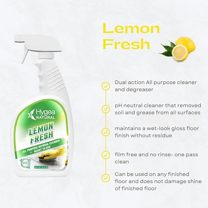 Hygea Natural Lemon Fresh All Purpose Cleaner - Chemical-Free Multi-Surface & Floor Cleaner - Removes Soil, Dirt & Grease - Wet Gloss Finish - Biodegradable, pH-Neutral & Ammonia Free (24oz Spray)