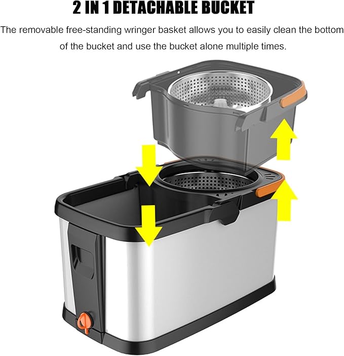 Mop and Bucket Set, Spin Mop and Detachable Inner Mop Bucke Self-Wringing Floor Cleaning System for Hardwood, Wood, Laminate, Tile, Wall with 5 Microfiber Pads