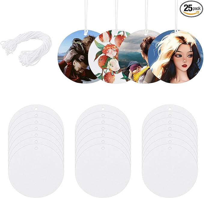 25 Pieces Round Sublimation Air Freshener Blank Car Scented Hanging Felt Sheets - White Fragrant With 25 Bags and Elastic Rope for Car Interior Use and Decor