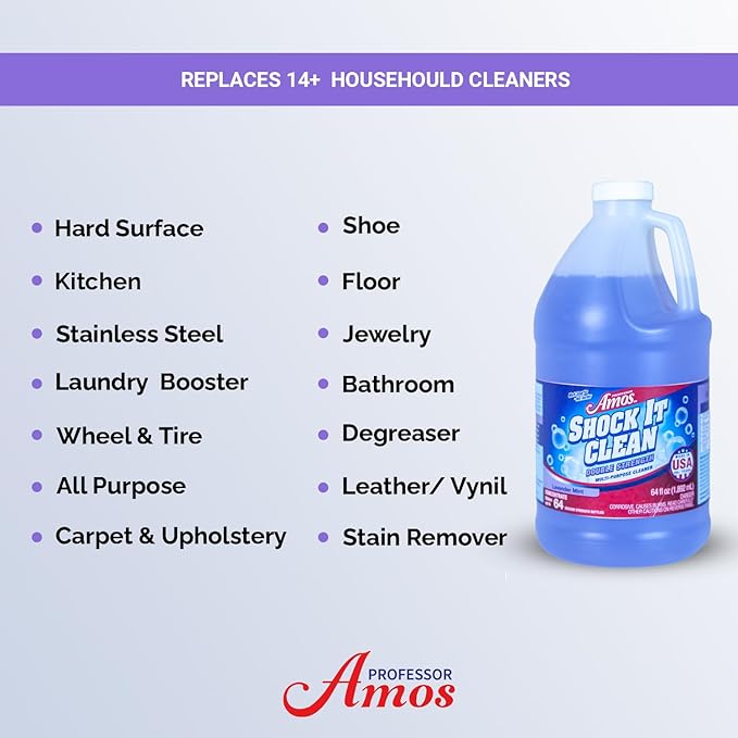 Professor Amos' Shock It Clean Scented Concentrate Cleaner Laundry Booster, Stain Remover, Carpet Cleaner, Kitchen and bathroom Cleaner, Indoor and Outdoor (Lavender, 64 Oz - Gallon)