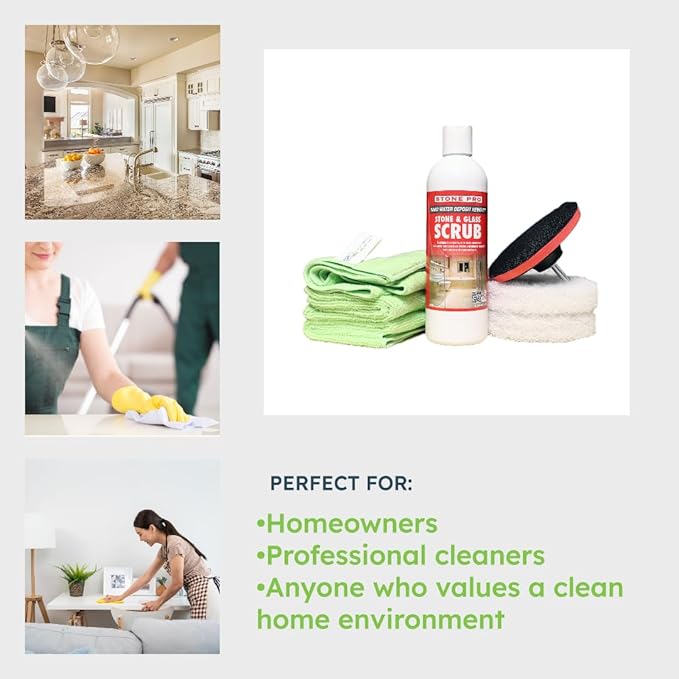 Hard Water Deposit Remover KIT - Scrub Deep Cleans Granite Countertops, Travertine Showers, Glass Shower Doors (1 Pint Stone Pro Stone & Glass -16 Fl Oz, 5" white pad, & Cleaning Cloth)