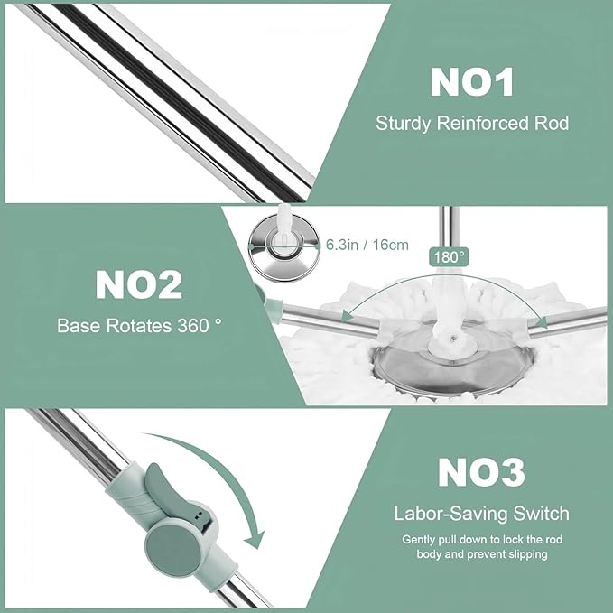 Spin Mop Replacement Handle, Upgraded Reinforced Locking 360° Spinning Adjustable Cleaning Mop, 2 Reinforced Locking Telescopic Rods + 3 Reusable Microfiber Mop Refills + 1 Stainless Steel Tray