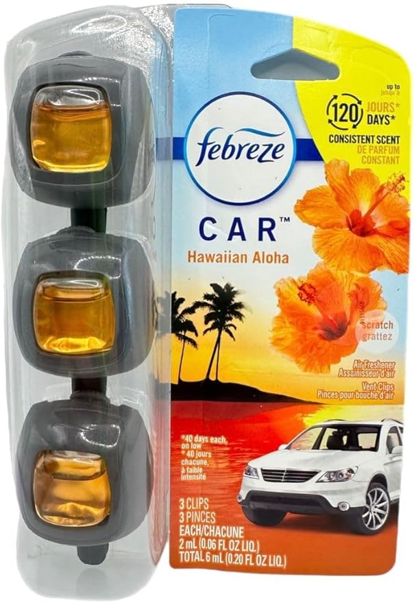 Febreze Car Odor Eliminating Air Freshener Vent Clip, Hawaiian Aloha, Pack of 3, 06 Oz.