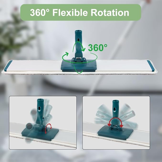 CQT Commercial Flat Microfiber Floor Mop Cleaning System 24" Inch Wet Dry and Dust Hardwood with 4 Washable Pads Cleaner for Laminate Tile Stainless Steel Handle and Extension (PT14 Green)