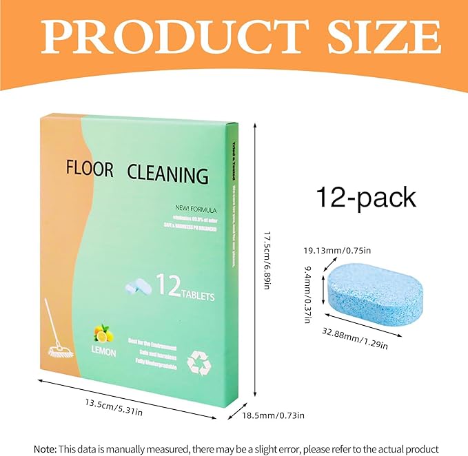 12PCS Floor Cleaning Solution Tablet,Floor Cleaning Tablets, Tile and Vinyl Floors，suitable with All Robot Vacuums with Mopping and Cordless Wet/Dry Vacuum Mop Cleaner Lemon Scent