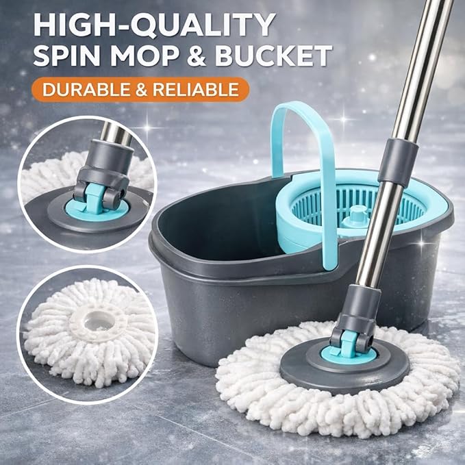 Casabella Spin Mop System with Extra Mop Head Refill - Two-Bucket Design with Splash Guard Built-in Measuring Cup and Scraper Tool with Easy Wring Pedal Spinner, 1.25-Gall (Mop)
