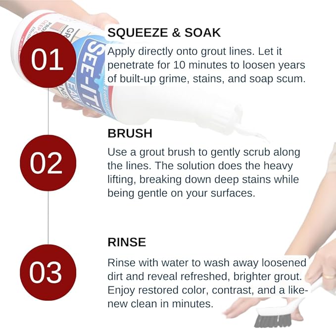 SEE-IT! Grout & Tile Deep Cleaner Brightener & Heavy-Duty Stain Remover Acid-Free Safe for Ceramic, Porcelain, Marble, Stone - 32 fl. oz. with Hand Cleaning Brush